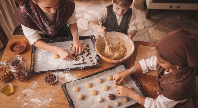 niños cocinando panellets